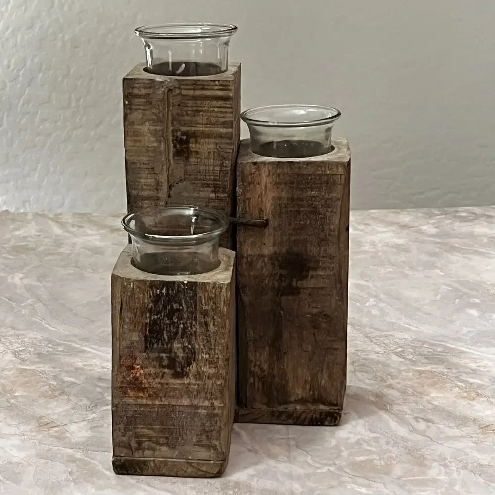 Rustic Square Wood Glass Tealight Holder 10.5